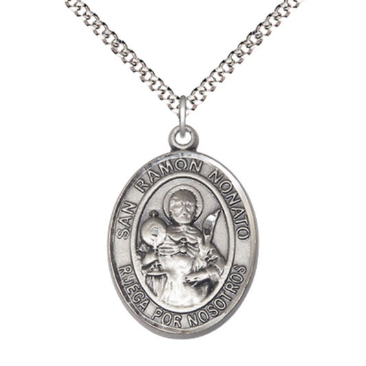 Spanish Script Women's .925 Sterling Silver Saint St. Ramon Nonato Medal Pendant on 18 Inch Rhodium Plated Lite Curb Brass Chain, Catholic Religious Necklace with Lobster Claw Clasp - Made in USA- Deluxe Velvet Gift Box