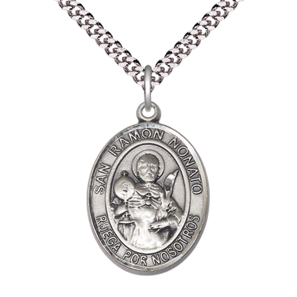 Everlasting Light Jewelry Spanish Script Men's Pewter Saint St. Ramon Nonato Medal Pendant on 24 Inch Endless Rhodium Plated Heavy Curb Chain, Catholic Religious Necklace - Made in USA, Comes in Deluxe Velvet Gift Box