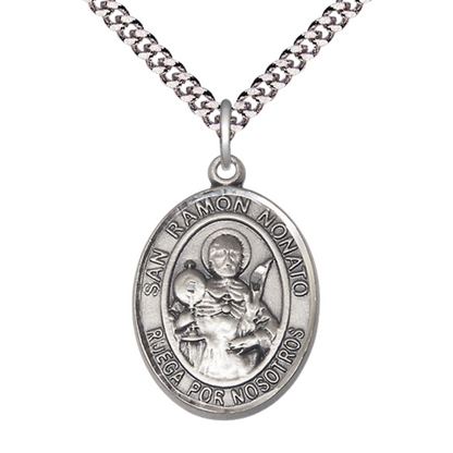 Everlasting Light Jewelry Spanish Script Men's Pewter Saint St. Ramon Nonato Medal Pendant on 24 Inch Endless Rhodium Plated Heavy Curb Chain, Catholic Religious Necklace - Made in USA, Comes in Deluxe Velvet Gift Box