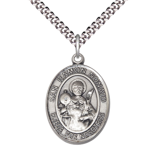 Everlasting Light Jewelry Spanish Script Men's Pewter Saint St. Ramon Nonato Medal Pendant on 24 Inch Endless Rhodium Plated Heavy Curb Chain, Catholic Religious Necklace - Made in USA, Comes in Deluxe Velvet Gift Box