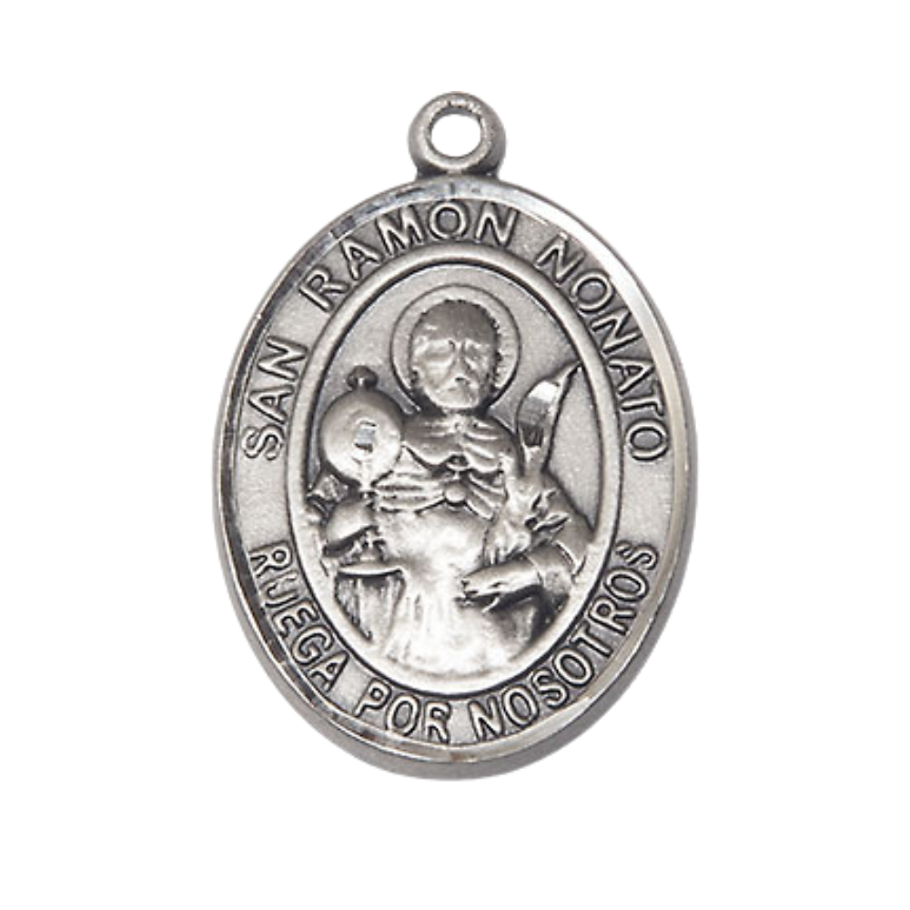 Everlasting Light Jewelry Spanish Script Men's Pewter Saint St. Ramon Nonato Medal Pendant on 24 Inch Endless Rhodium Plated Heavy Curb Chain, Catholic Religious Necklace - Made in USA, Comes in Deluxe Velvet Gift Box