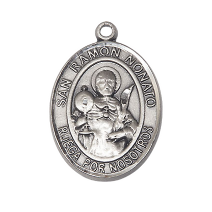Everlasting Light Jewelry Spanish Script Men's Pewter Saint St. Ramon Nonato Medal Pendant on 24 Inch Endless Rhodium Plated Heavy Curb Chain, Catholic Religious Necklace - Made in USA, Comes in Deluxe Velvet Gift Box