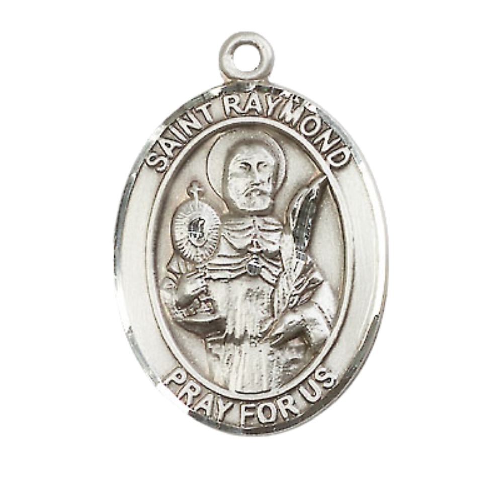 Women's Pewter Saint St. Raymond Nonnatus Medal Pendant on 18 Inch Rhodium Plated Lite Curb Brass Chain w/ Lobster Claw Clasp, Catholic Religious Necklace - Made in USA- Deluxe Velvet Gift Box
