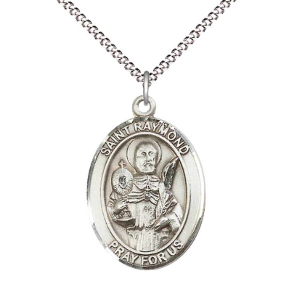 Women's .925 Sterling Silver Saint St. Raymond Nonnatus Medal Pendant on 18 Inch Rhodium Plated Lite Curb Brass Chain with Lobster Claw Clasp, Catholic Religious Necklace - Made in USA- Velvet Gift Box