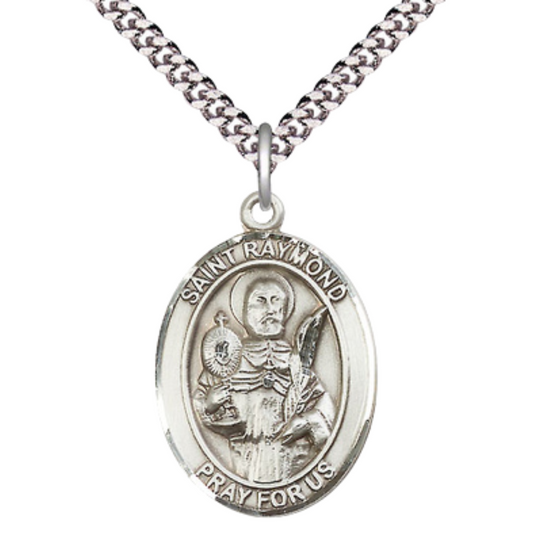 Mens Oval Pewter Saint St. Raymond Nonnatus Medal Pendant on 24 Inch Rhodium Plated Heavy Curb Brass Chain with Lobster Claw clasp, Catholic Religious Necklace - Made in USA - Deluxe Velvet Gift Box