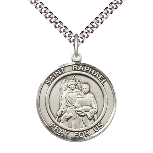 Men's Pewter Saint St. Raphael the Archangel Medal Pendant Necklace – 1" x ?" – 24 Inch Endless Rhodium Plated Chain – Patron Saint St. of Blind, Love & Safe Journeys, Catholic Medal – Velvet Gift Box Included