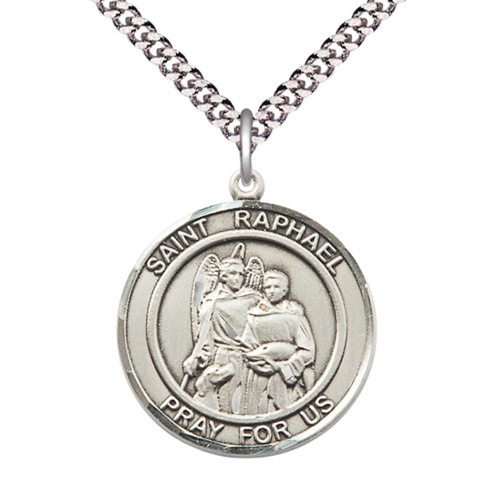 Mens Round Pewter Saint St. Raphael the Archangel Medal Pendant on 24 Inch Rhodium Plated Heavy Curb Brass Chain with Lobster Claw clasp, Catholic Religious Necklace - Made in USA- Velvet Gift Box