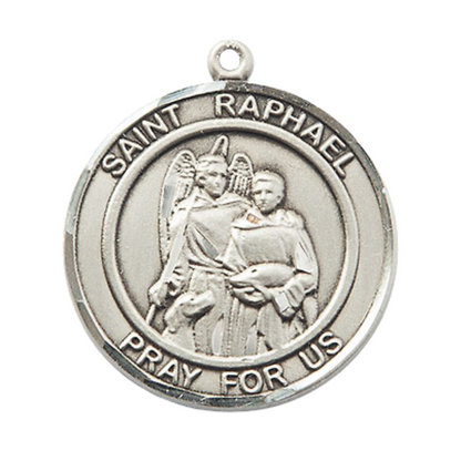 Men's Pewter Saint St. Raphael the Archangel Medal Pendant Necklace – 1" x ?" – 24 Inch Endless Rhodium Plated Chain – Patron Saint St. of Blind, Love & Safe Journeys, Catholic Medal – Velvet Gift Box Included