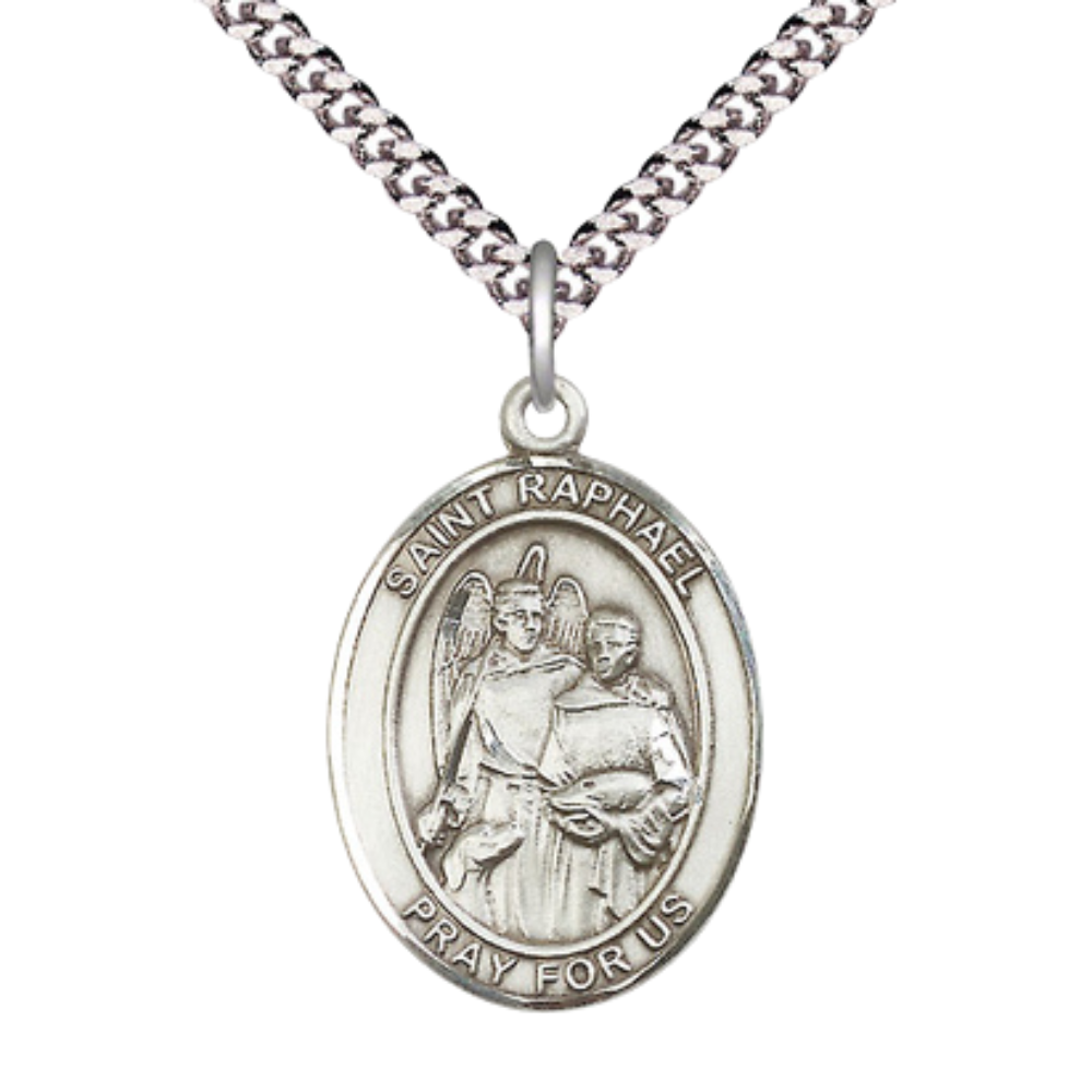Sterling Silver Saint Raphael the Archangel Medal – Patron Saint of Healing, Love & Safe Journeys with 24” Light Rhodium Heavy Curb Chain