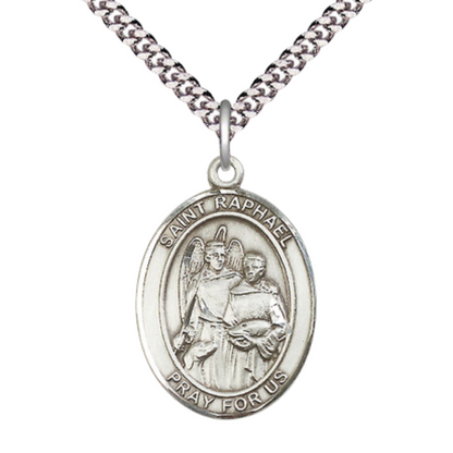 Sterling Silver Saint Raphael the Archangel Medal – Patron Saint of Healing, Love & Safe Journeys with 24” Light Rhodium Heavy Curb Chain