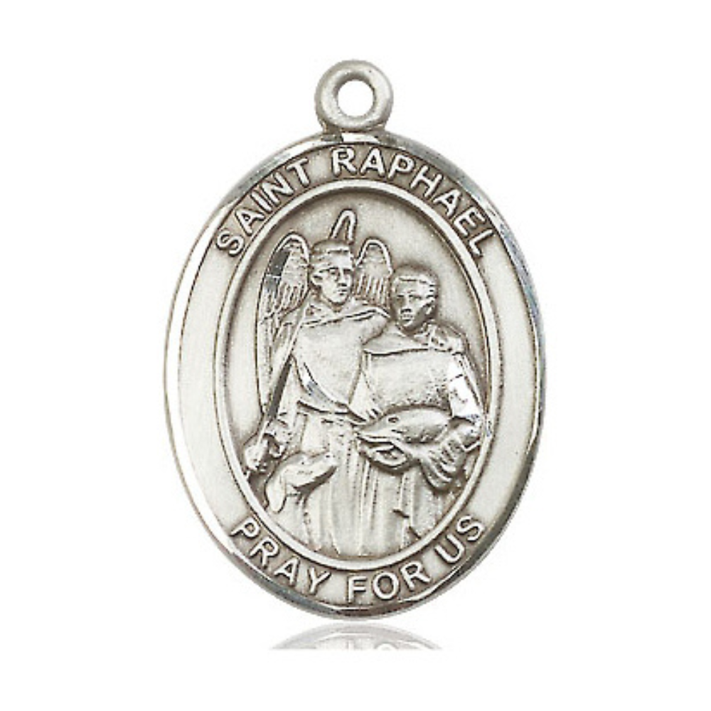 Mens Oval Pewter Saint Raphael the Archangel Medal Pendant on 24" Rhodium Plated Heavy Curb Brass Chain with Lobster Claw clasp , Catholic Religious Necklace -Made in USA - Velvet Gift Box