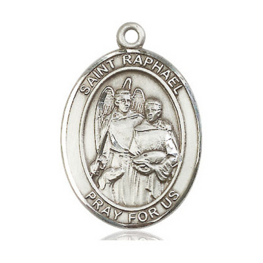 Mens .925 Sterling Silver Saint St. Raphael the Archangel Medal Pendant on 24 Inch Rhodium Plated Heavy Curb Brass Chain w/ Lobster Claw clasp, Catholic Religious Necklace - Made in USA- Velvet Gift Box
