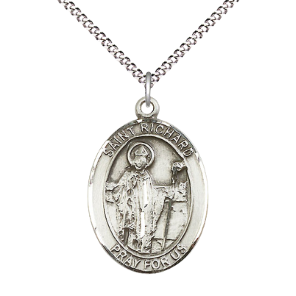 Women's .925 Sterling Silver Saint St. Richard Medal Pendant on 18 Inch Rhodium Plated Lite Curb Brass Chain w/ Lobster Claw Clasp, Catholic Religious Necklace - Made in USA- Deluxe Velvet Gift Box