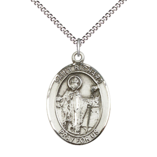 Women's .925 Sterling Silver Saint St. Richard Medal Pendant on 18 Inch Rhodium Plated Lite Curb Brass Chain w/ Lobster Claw Clasp, Catholic Religious Necklace - Made in USA- Deluxe Velvet Gift Box