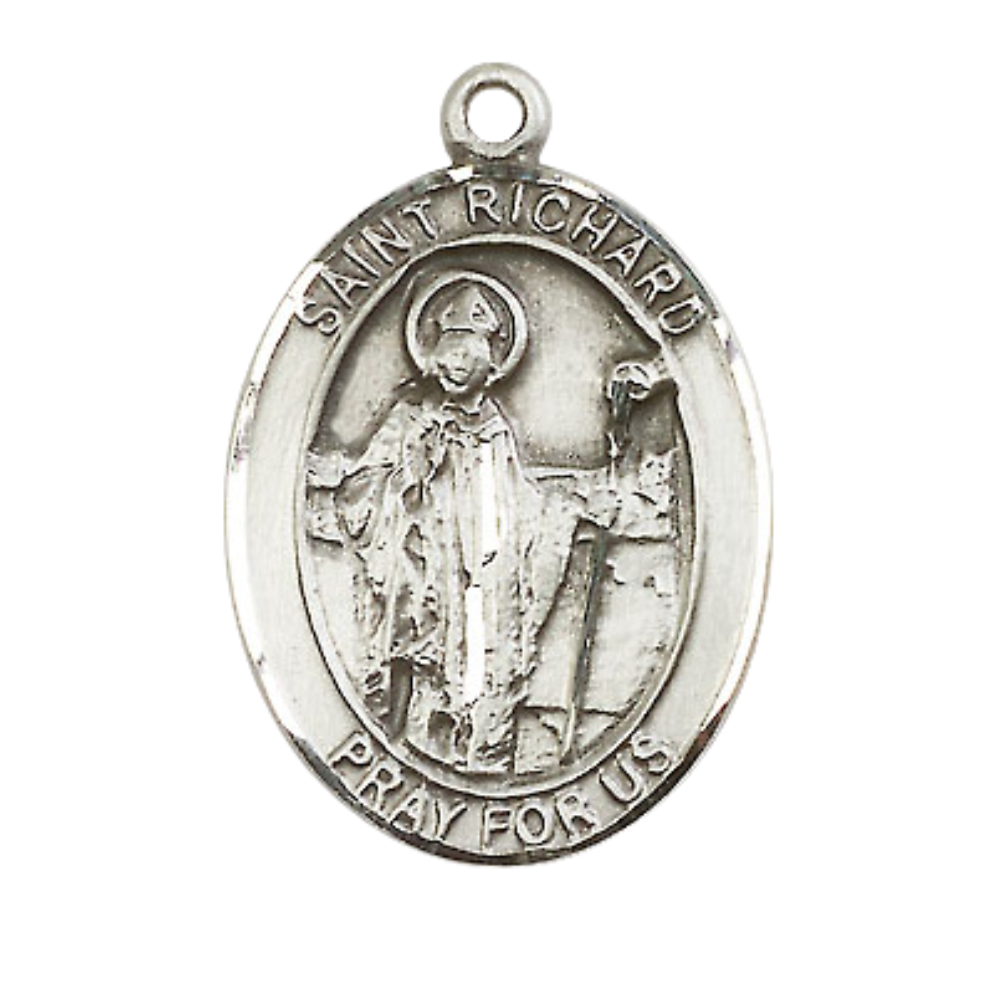 Women's Pewter Saint St. Richard Medal Pendant on 18 Inch Rhodium Plated Lite Curb Brass Chain w/Lobster Claw Clasp, Catholic Religious Necklace - Made in USA- Deluxe Velvet Gift Box