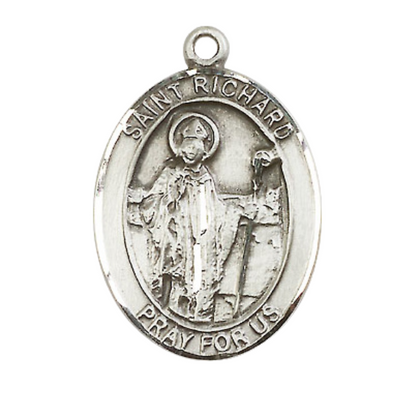 Women's Pewter Saint St. Richard Medal Pendant on 18 Inch Rhodium Plated Lite Curb Brass Chain w/Lobster Claw Clasp, Catholic Religious Necklace - Made in USA- Deluxe Velvet Gift Box
