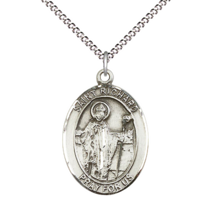 Women's Pewter Saint St. Richard Medal Pendant on 18 Inch Rhodium Plated Lite Curb Brass Chain w/Lobster Claw Clasp, Catholic Religious Necklace - Made in USA- Deluxe Velvet Gift Box