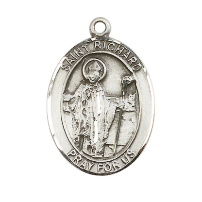 Mens Oval .925 Sterling Silver Saint St. Richard Medal Pendant on 24 Inch Rhodium Plated Heavy Curb Brass Chain with Lobster Claw clasp, Catholic Religious Necklace - Made in USA- Velvet Gift Box