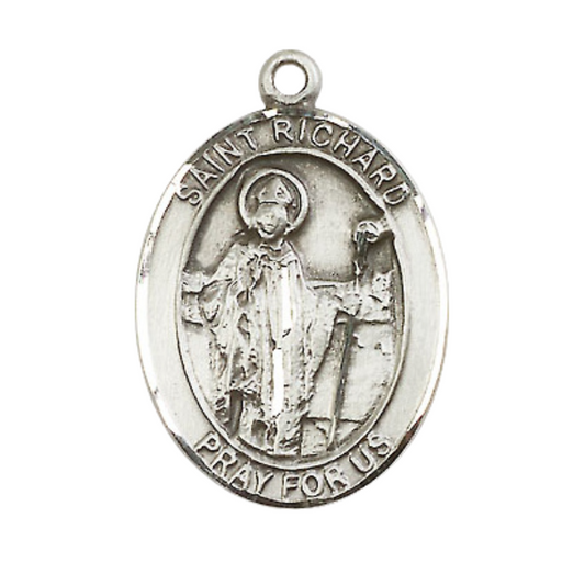Mens Oval .925 Sterling Silver Saint St. Richard Medal Pendant on 24 Inch Rhodium Plated Heavy Curb Brass Chain with Lobster Claw clasp, Catholic Religious Necklace - Made in USA- Velvet Gift Box