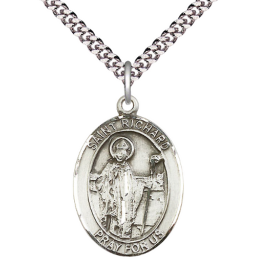 Saint St. Richard Medal Necklace – 24 Inch Endless Light Endless Rhodium Plated Chain – Patron Saint St. of Large Families – Exquisite Catholic Religious Jewelry in Velvet Gift Box