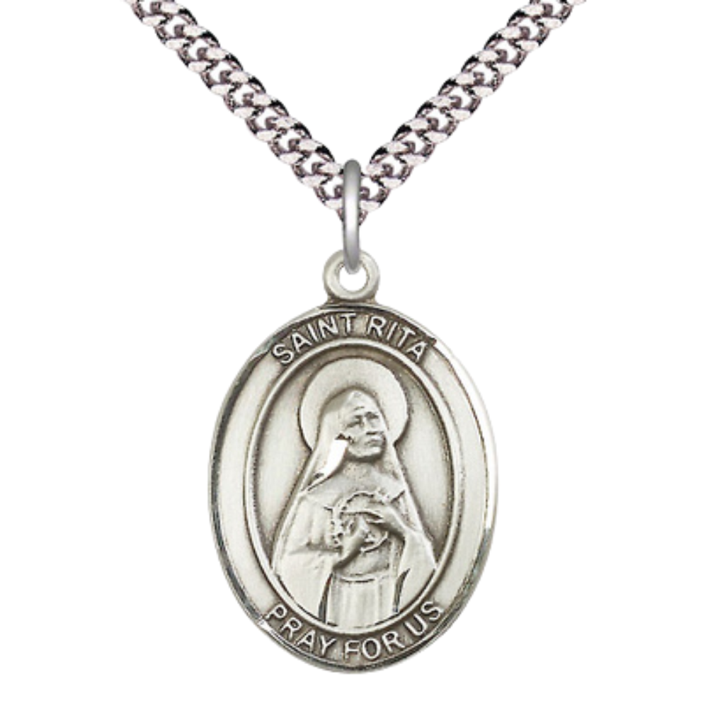 Saint St. Rita of Cascia .925 Sterling Silver Medal – Patron Saint St. of Loneliness & Lost Causes – 24 Inch Light Rhodium Plated Heavy Curb Chain, Catholic Medal – Velvet Gift Box