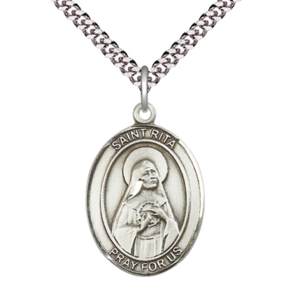 Saint St. Rita of Cascia .925 Sterling Silver Medal – Patron Saint St. of Loneliness & Lost Causes – 24 Inch Light Rhodium Plated Heavy Curb Chain, Catholic Medal – Velvet Gift Box