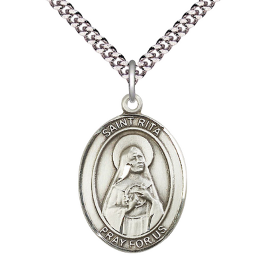 Saint St. Rita of Cascia Men's Pewter Medal Necklace, Catholic Medal - Patron Saint. of Loneliness & Lost Causes – 24 Inch Light Endless Rhodium Plated Chain – Velvet Gift Box