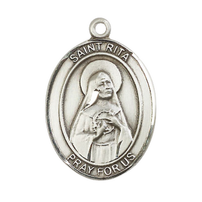 Saint St. Rita of Cascia Men's Pewter Medal Necklace, Catholic Medal - Patron Saint. of Loneliness & Lost Causes – 24 Inch Light Endless Rhodium Plated Chain – Velvet Gift Box