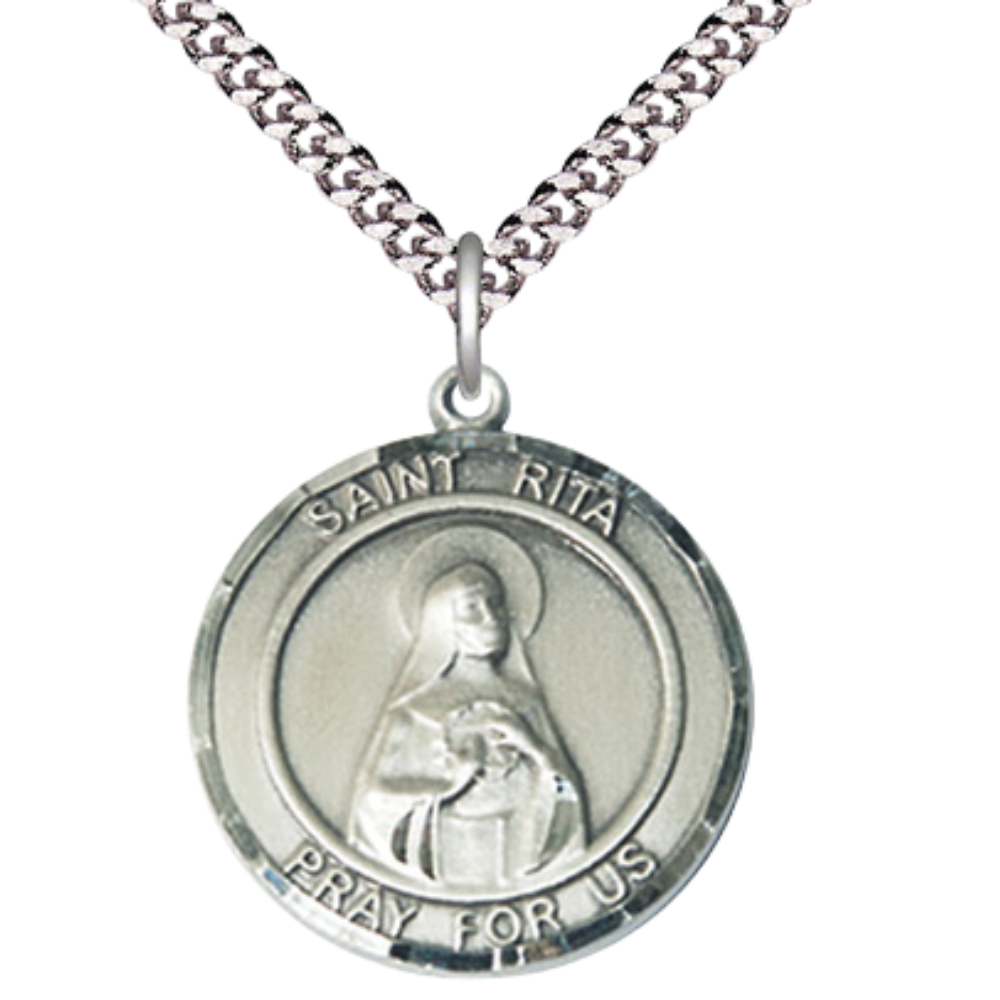 Mens Round Pewter Saint Rita of Cascia Medal Pendant on 24" Rhodium Plated Heavy Curb Brass Chain with Lobster Claw clasp, Catholic Religious Necklace -Made in USA- Deluxe Velvet Gift Box