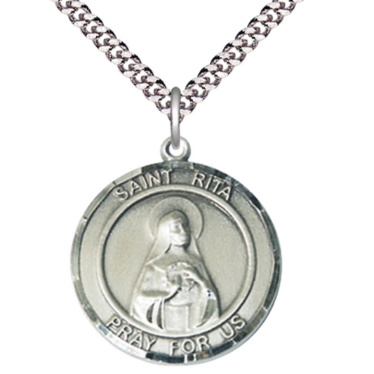 Mens Round Pewter Saint Rita of Cascia Medal Pendant on 24" Rhodium Plated Heavy Curb Brass Chain with Lobster Claw clasp, Catholic Religious Necklace -Made in USA- Deluxe Velvet Gift Box