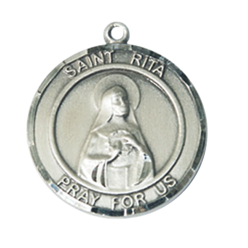 Mens Round Pewter Saint Rita of Cascia Medal Pendant on 24" Rhodium Plated Heavy Curb Brass Chain with Lobster Claw clasp, Catholic Religious Necklace -Made in USA- Deluxe Velvet Gift Box
