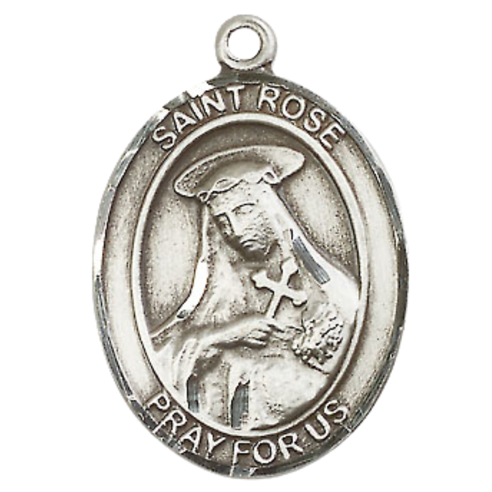 Everlasting Light Jewelry Women's Pewter Patron Saint St. Rose of Lima Medal Pendant with 18 Inch Rhodium Plated Lite Curb Brass Chain Catholic Religious Necklace - Made in USA, Deluxe Velvet Gift Box