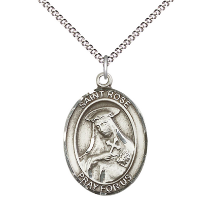 Women's .925 Sterling Silver Patron Saint St. Rose of Lima Medal Pendant with 18 Inch Rhodium Plated Lite Curb Brass Chain Catholic Religious Necklace - Made in USA, Deluxe Velvet Gift Box