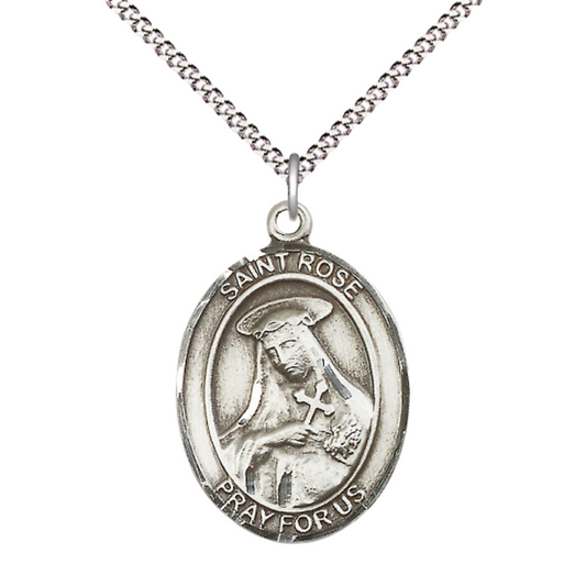 Women's .925 Sterling Silver Patron Saint St. Rose of Lima Medal Pendant with 18 Inch Rhodium Plated Lite Curb Brass Chain Catholic Religious Necklace - Made in USA, Deluxe Velvet Gift Box