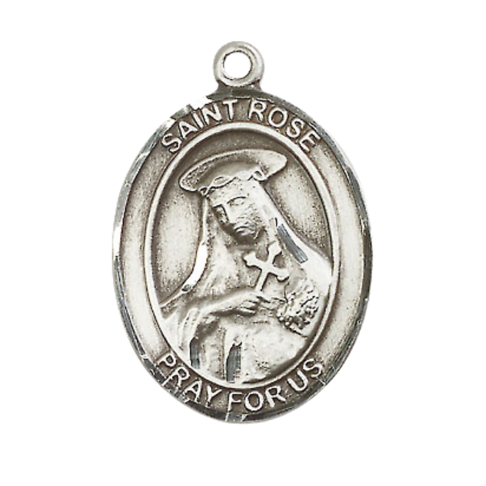 Mens 1 x 3/4" Oval Pewter Saint St. Rose of Lima Medal Pendant on 24 Inch Rhodium Plated Heavy Curb Brass Chain with Lobster Claw clasp, Catholic Religious Necklace - Made in USA - Velvet Gift Box