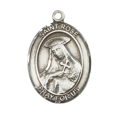 Mens 1 x 3/4" Oval Pewter Saint St. Rose of Lima Medal Pendant on 24 Inch Rhodium Plated Heavy Curb Brass Chain with Lobster Claw clasp, Catholic Religious Necklace - Made in USA - Velvet Gift Box