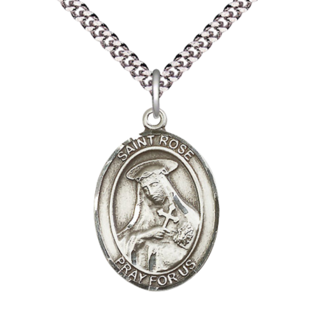 Saint St. Rose of Lima Men's Pewter Medal Necklace, Catholic Medal - Patron Saint. of Vanity & South America – 24 Inch Light Endless Rhodium Plated Chain – Velvet Gift Box