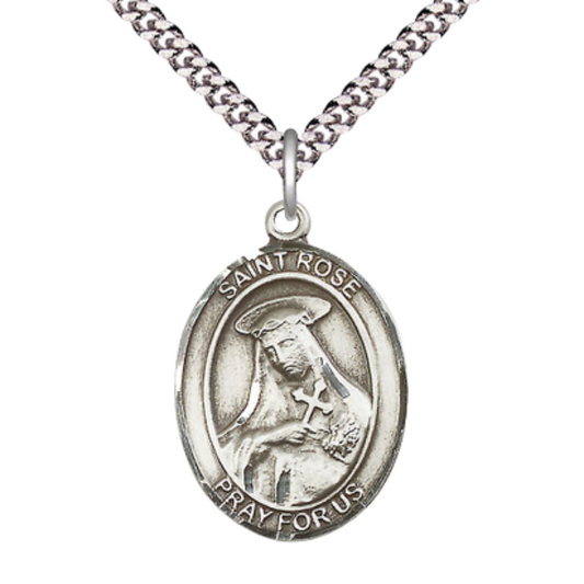 Mens 1 x 3/4" Oval Pewter Saint St. Rose of Lima Medal Pendant on 24 Inch Rhodium Plated Heavy Curb Brass Chain with Lobster Claw clasp, Catholic Religious Necklace - Made in USA - Velvet Gift Box