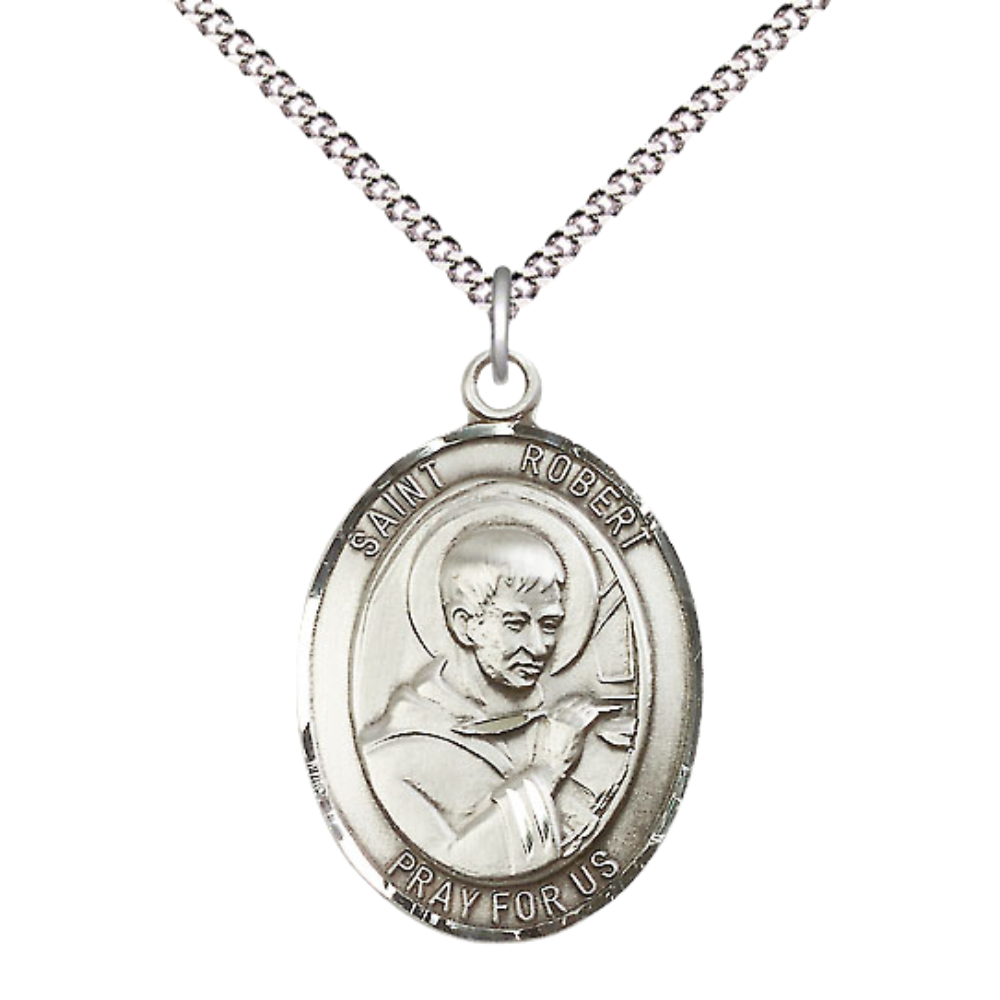Everlasting Light Jewelry Women's Pewter Patron Saint St. Robert Bellarmine Medal Pendant with 18 Inch Rhodium Plated Lite Curb Brass Chain Catholic Religious Necklace - Made in USA, Deluxe Velvet Gift Box