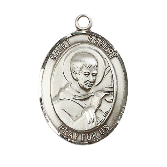 Mens .925 Sterling Silver Saint St. Robert Bellarmine Medal Pendant on 24 Inch Rhodium Plated Heavy Curb Brass Chain with Lobster Claw clasp, Catholic Religious Necklace - Made in USA- Velvet Gift Box