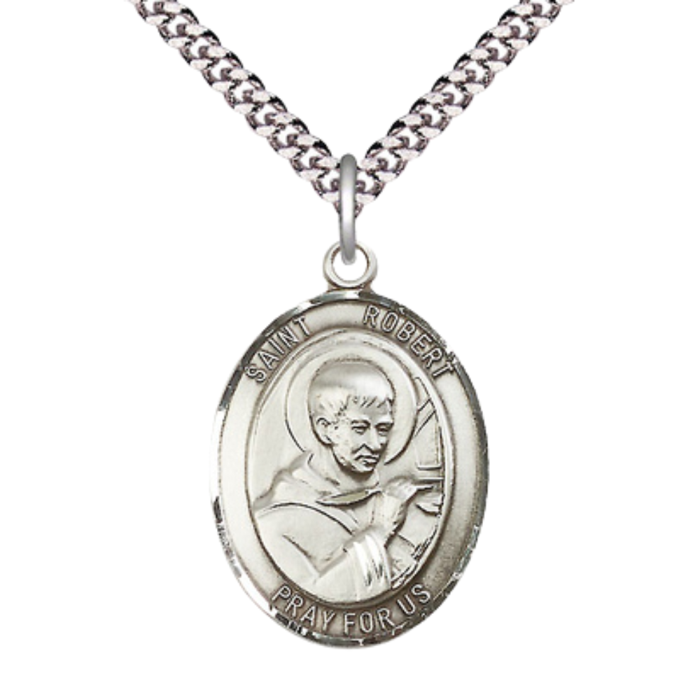 Saint Robert Bellarmine Men's Pewter Medal Necklace– Patron Saint of Catechists – 24” Light Endless Rhodium Plated Chain – Velvet Gift Box