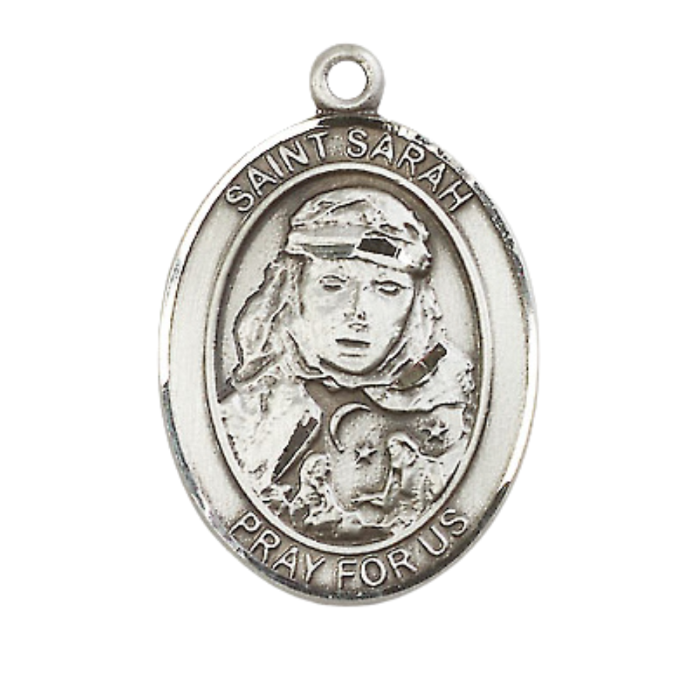 Women's Pewter Saint St. Sarah Medal Pendant on 18 Inch Rhodium Plated Lite Curb Brass Chain w/Lobster Claw Clasp, Catholic Religious Necklace - Made in USA- Deluxe Velvet Gift Box