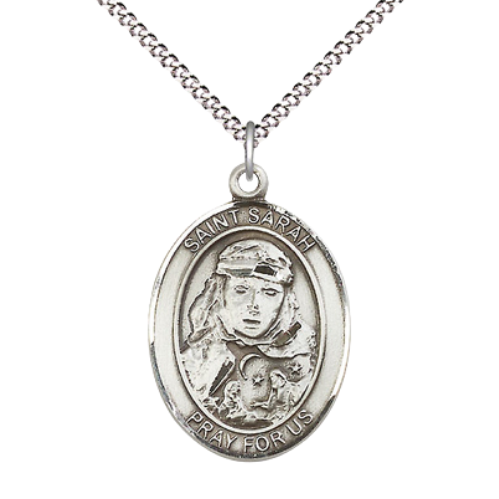 Women's Pewter Saint St. Sarah Medal Pendant on 18 Inch Rhodium Plated Lite Curb Brass Chain w/Lobster Claw Clasp, Catholic Religious Necklace - Made in USA- Deluxe Velvet Gift Box