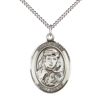 Women's .925 Sterling Silver Saint St. Sarah Medal Pendant on 18 Inch Rhodium Plated Lite Curb Brass Chain w/ Lobster Claw Clasp, Catholic Religious Necklace - Made in USA- Deluxe Velvet Gift Box