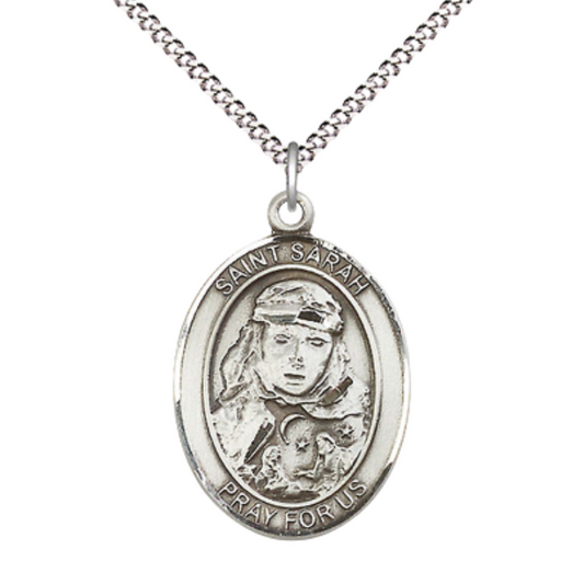 Women's .925 Sterling Silver Saint St. Sarah Medal Pendant on 18 Inch Rhodium Plated Lite Curb Brass Chain w/ Lobster Claw Clasp, Catholic Religious Necklace - Made in USA- Deluxe Velvet Gift Box
