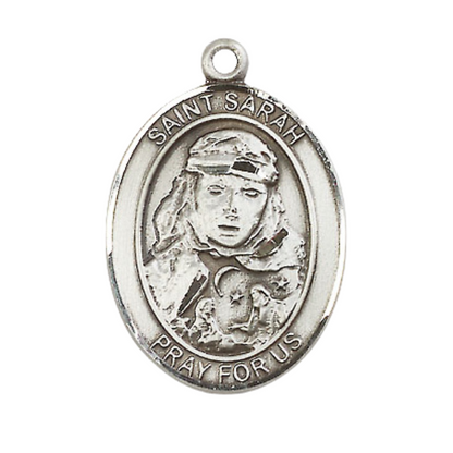 Mens .925 Sterling Silver Saint St. Sarah Medal Pendant on 24 inch Rhodium Plated Heavy Curb Brass Chain with Lobster Claw clasp, Catholic Religious Necklace - Made in USA- Deluxe Velvet Gift Box