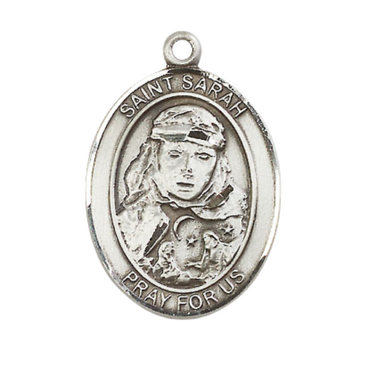 Mens .925 Sterling Silver Saint St. Sarah Medal Pendant on 24 inch Rhodium Plated Heavy Curb Brass Chain with Lobster Claw clasp, Catholic Religious Necklace - Made in USA- Deluxe Velvet Gift Box