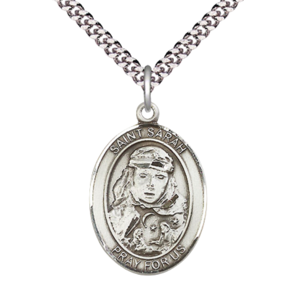 Mens 1 x 3/4" Oval Pewter Saint St. Sarah Medal Pendant on 24 inch Rhodium Plated Heavy Curb Brass Chain with Lobster Claw clasp, Catholic Religious Necklace - Made in USA - Deluxe Velvet Gift Box
