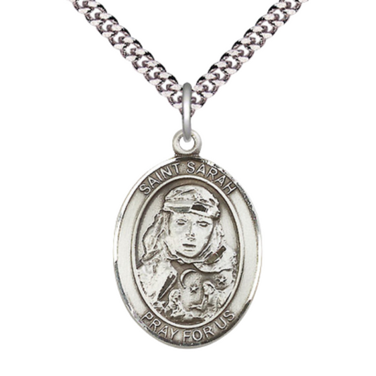 Men's .925 Sterling Silver Saint St. Sarah Medal Pendant on 24 Inch Endless Rhodium Plated Heavy Curb Brass Chain, Catholic Religious Necklace - Made in USA- Deluxe Velvet Gift Box