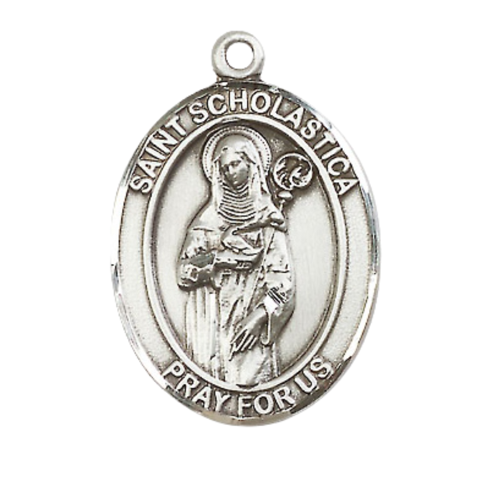 Women's Pewter Saint St. Scholastica Medal Pendant on 18 Inch Rhodium Plated Lite Curb Brass Chain w/Lobster Claw Clasp, Catholic Religious Necklace - Made in USA- Deluxe Velvet Gift Box